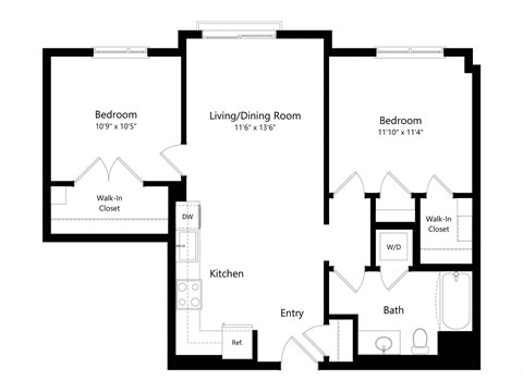Floor plan for 2 beds, 1 bath, 869 sqft